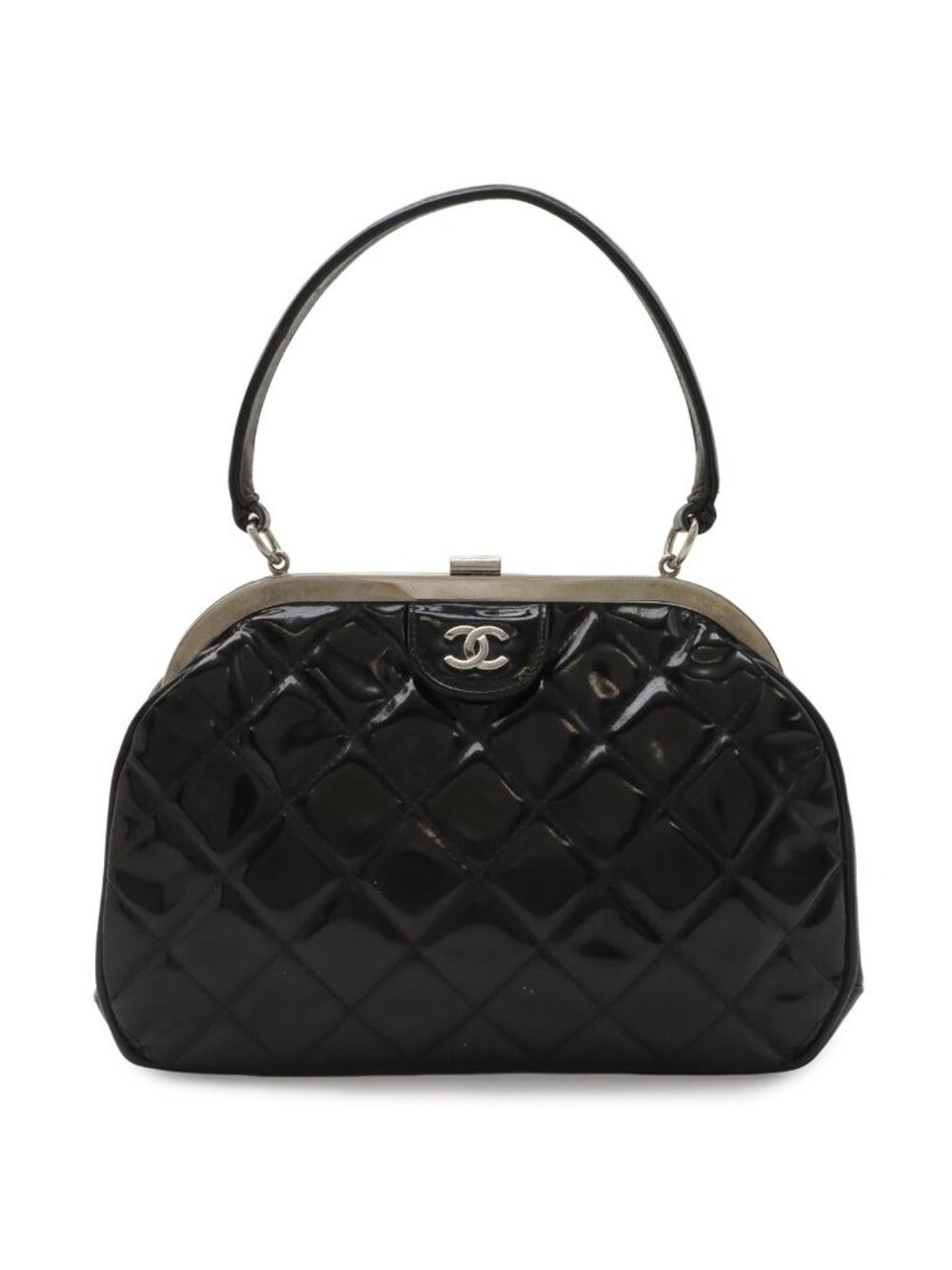 Chanel Quilted CC Logo Handbag One Handle Kiss Lock Enamel Black Silver